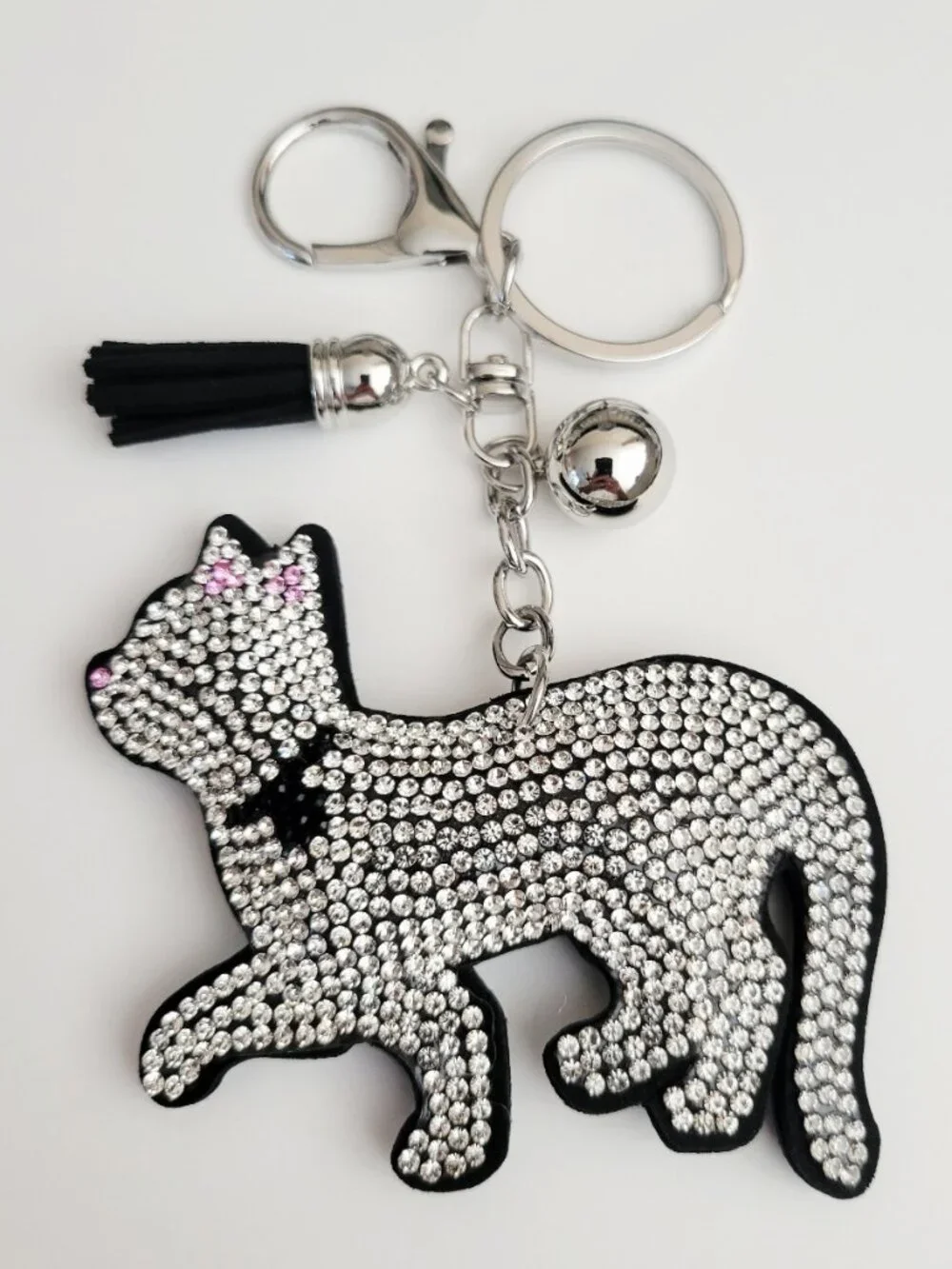 NWT Large Blingy Black And Silver Cat Keychain Bag Charm Puffy Sparkly Tassel